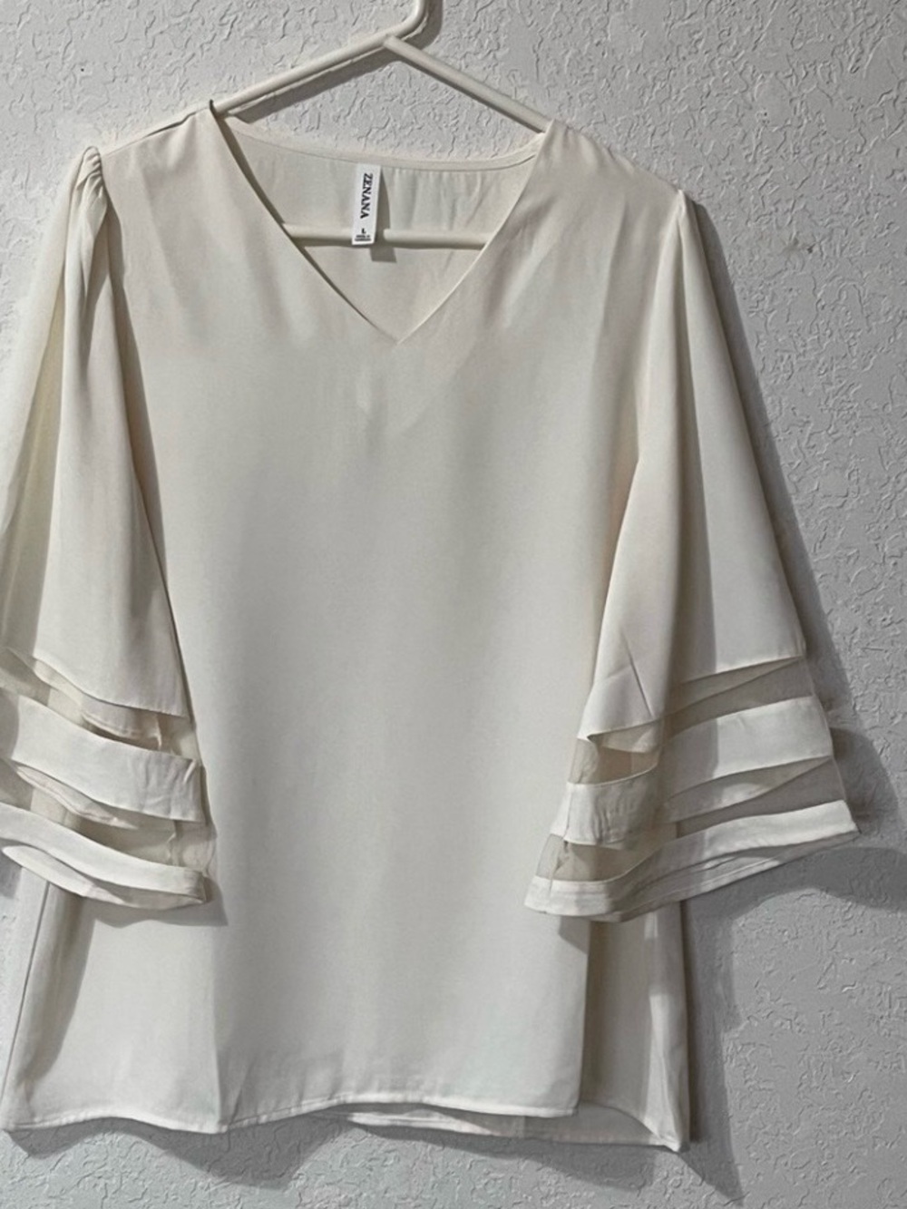 Zenana Cream Flowy Bell Sleeve Mesh Blouse Size L Quiet Luxury Soft Feminine - Picture 4 of 12